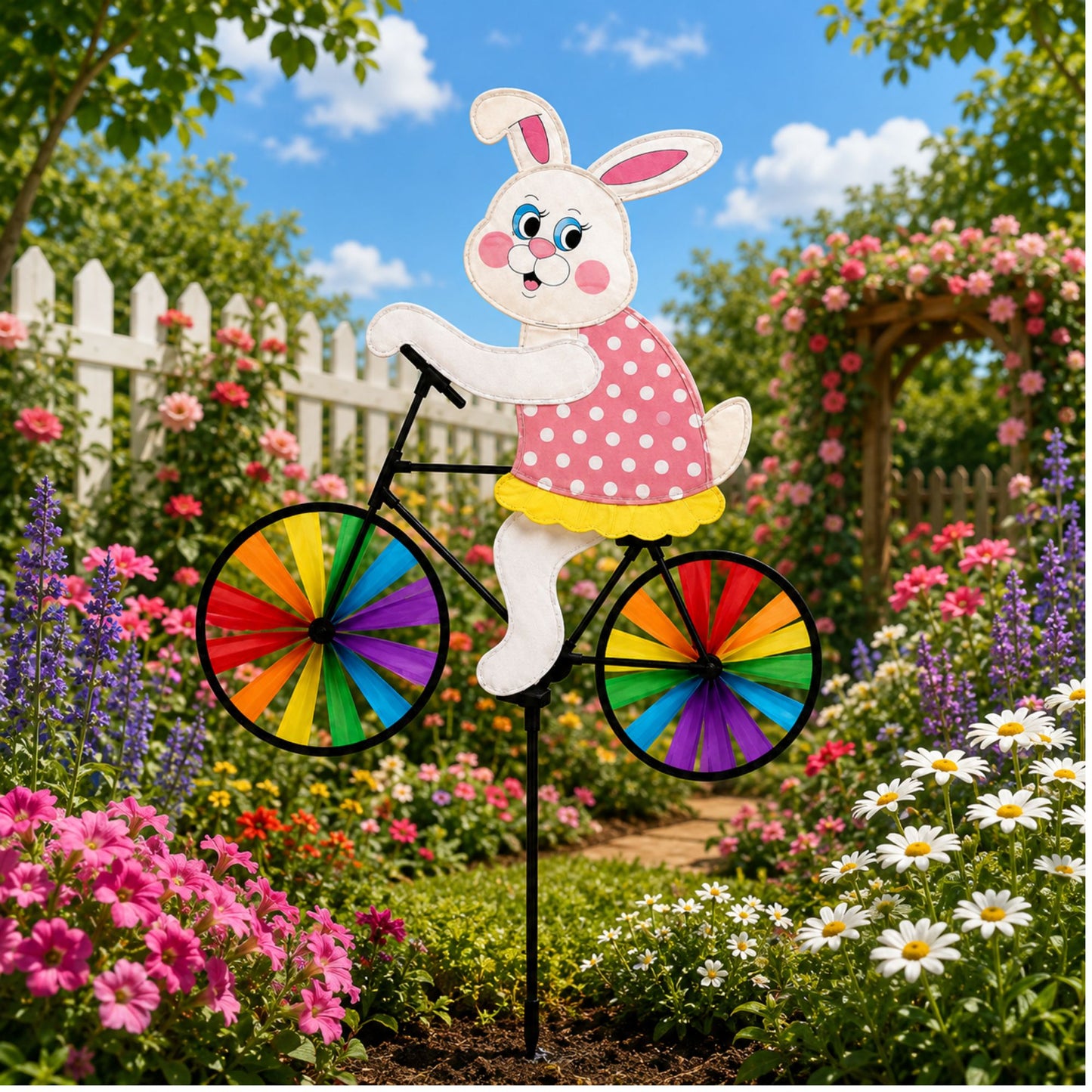 21 x 36 Bunny Ride-On Bike Pinwheel Colorful Garden Spinner