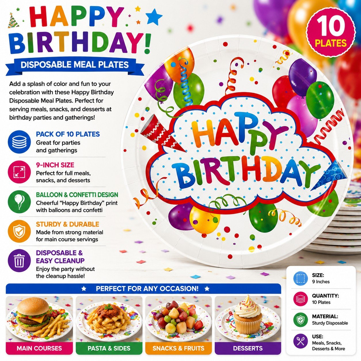 Happy Birthday disposable meal plates with colorful design and text, displayed on a white background.