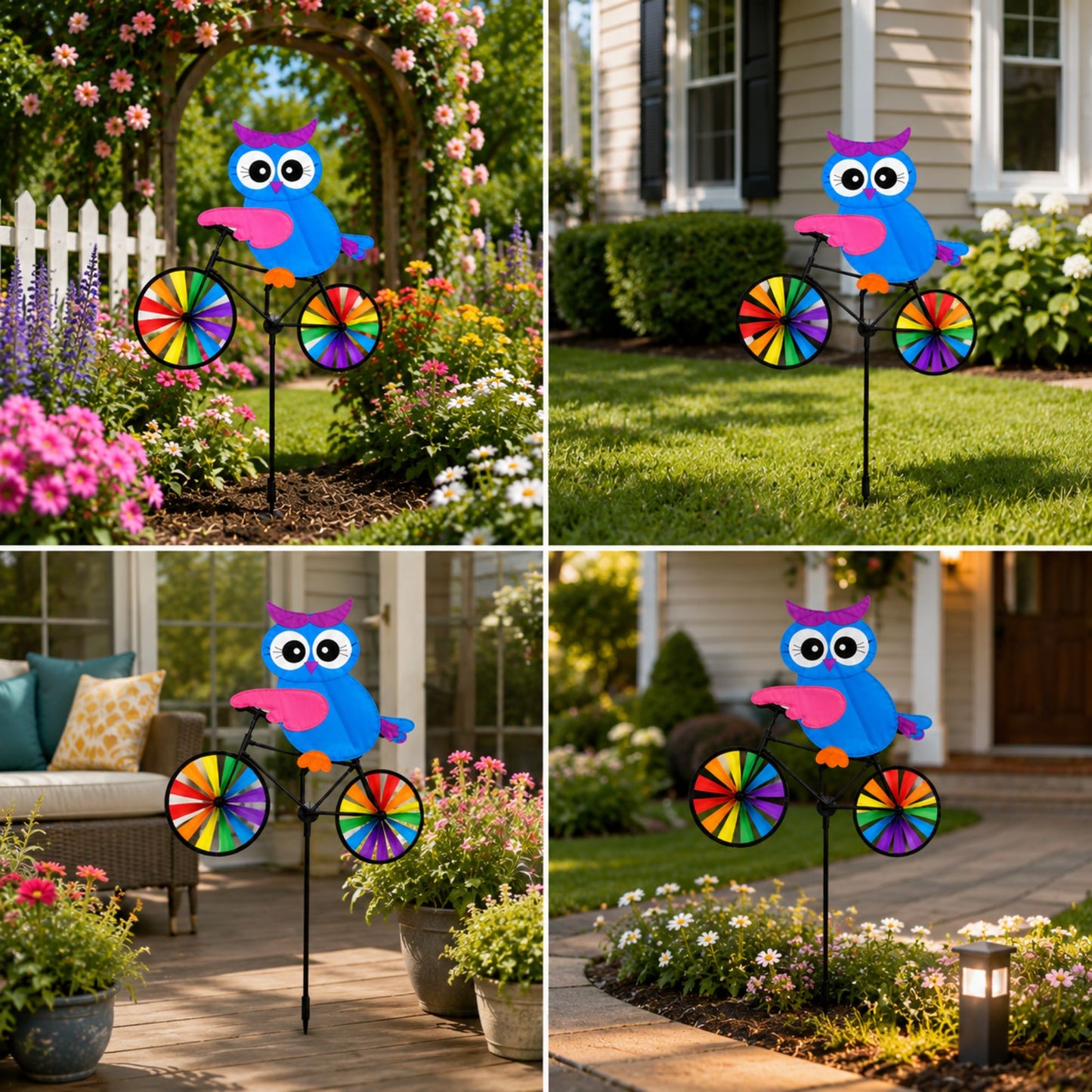 Large 21x36 Owl Ride-On Bike Garden Wind Spinner