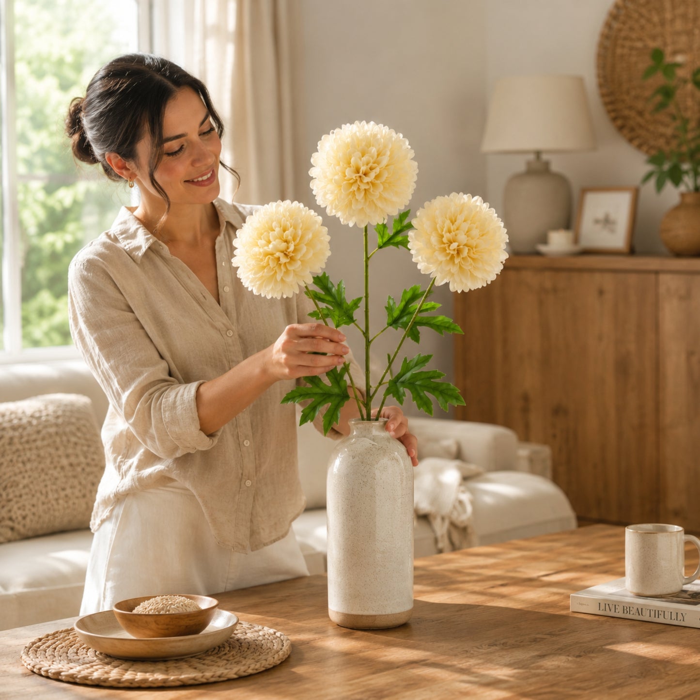 Faux Dahlia Flower Stem 24 Inch 3 Bloom Decorative Spray