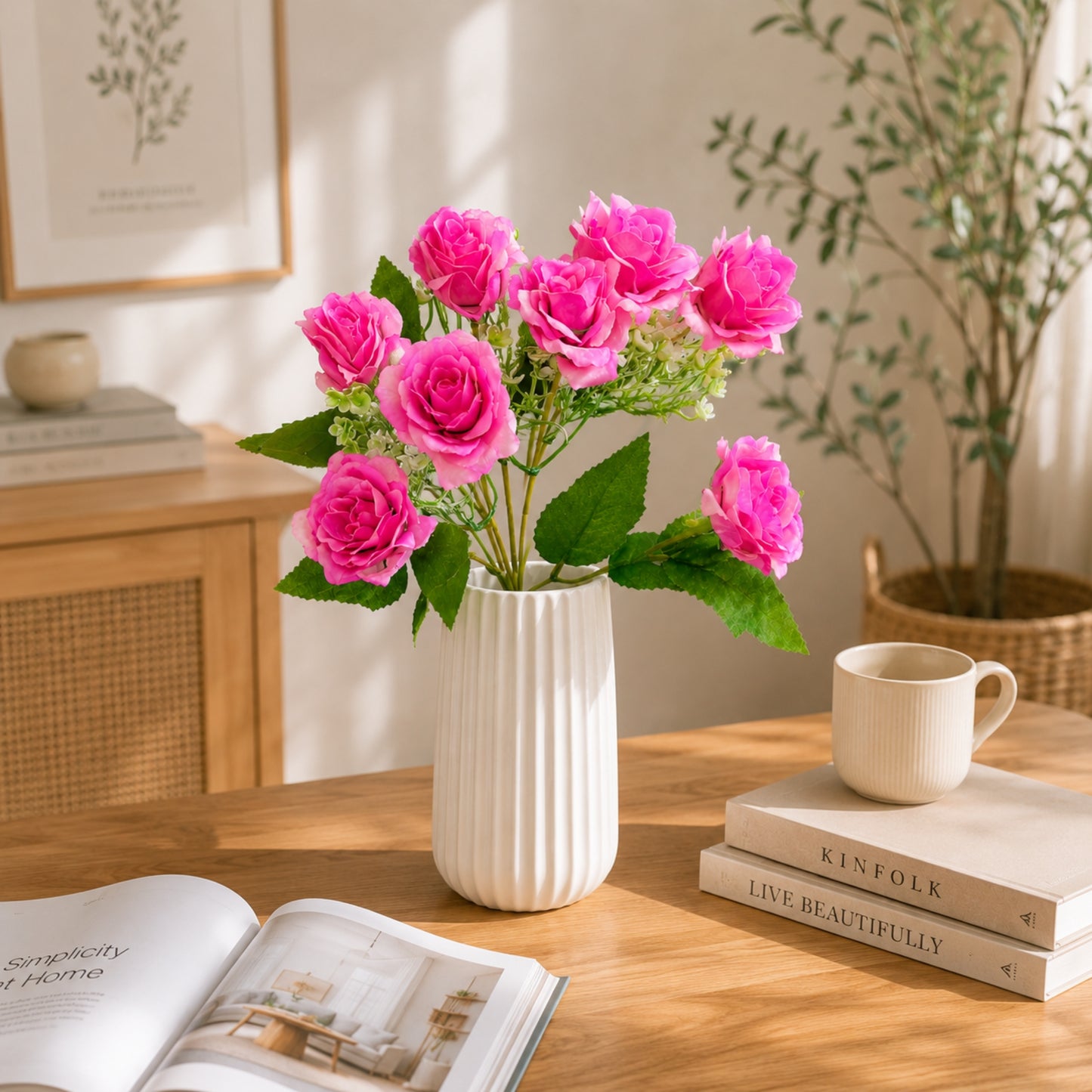 Decorative Silk Rose Stem with 7 Blooms for Display