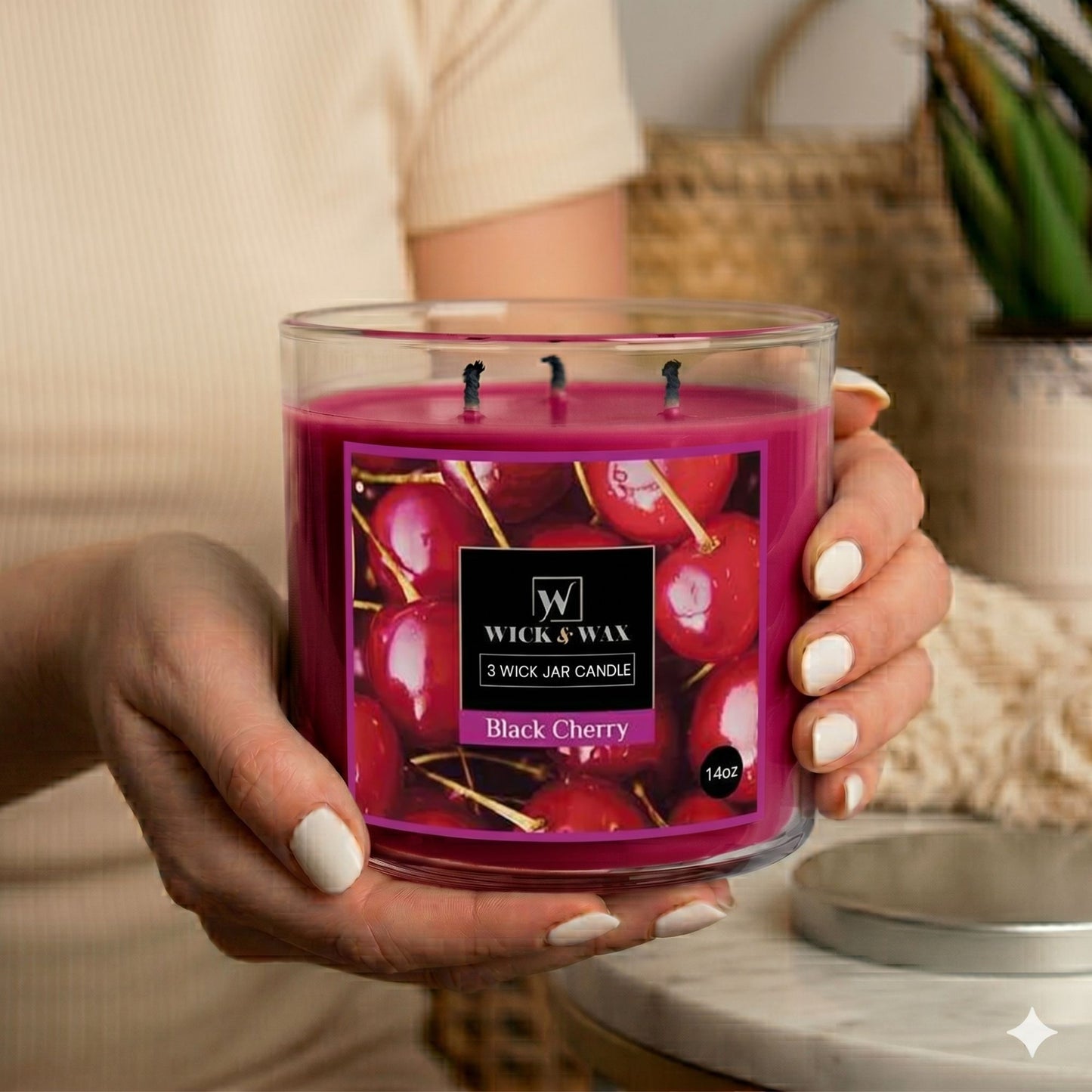 Wick & Wax 14 oz Black Cherry scented candle in a fluted glass jar with three wicks and a silver lid.
