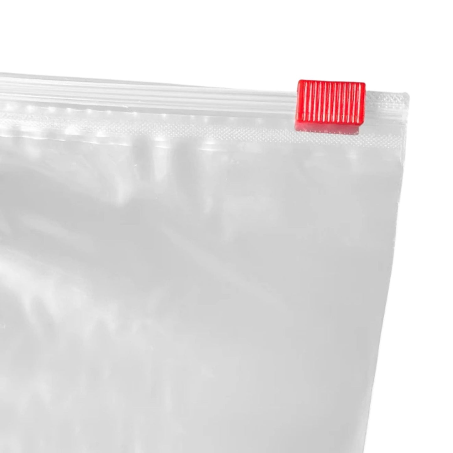 Clear ziplock bag with a red zipper on a white background
