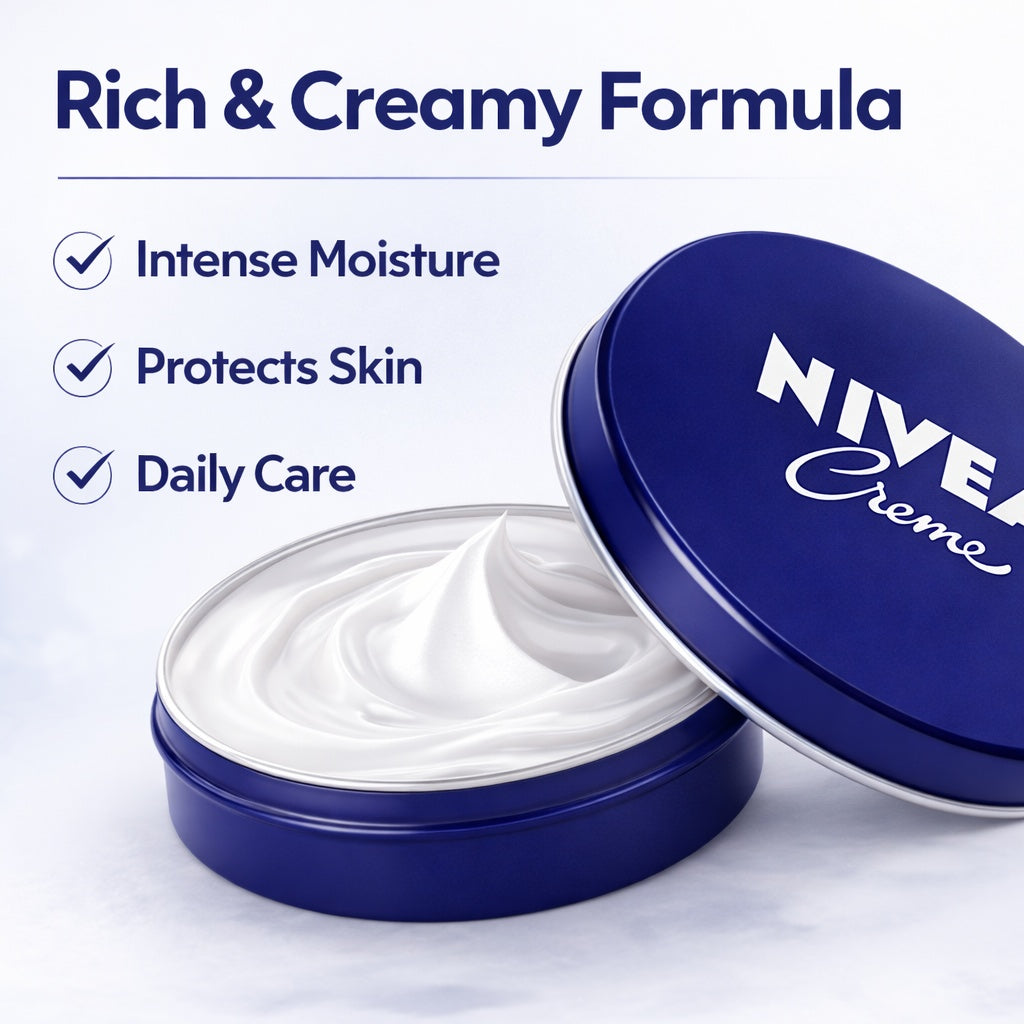 Nivea Creme jar with cream inside, labeled 'Rich & Creamy Formula' on a white background.