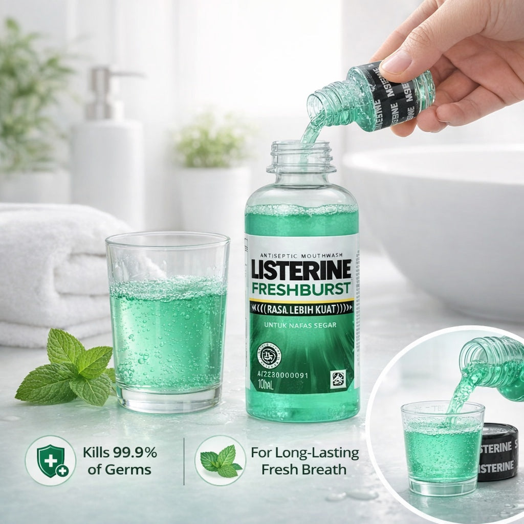 Listerine Freshburst mouthwash being poured into a glass with product details and benefits displayed.