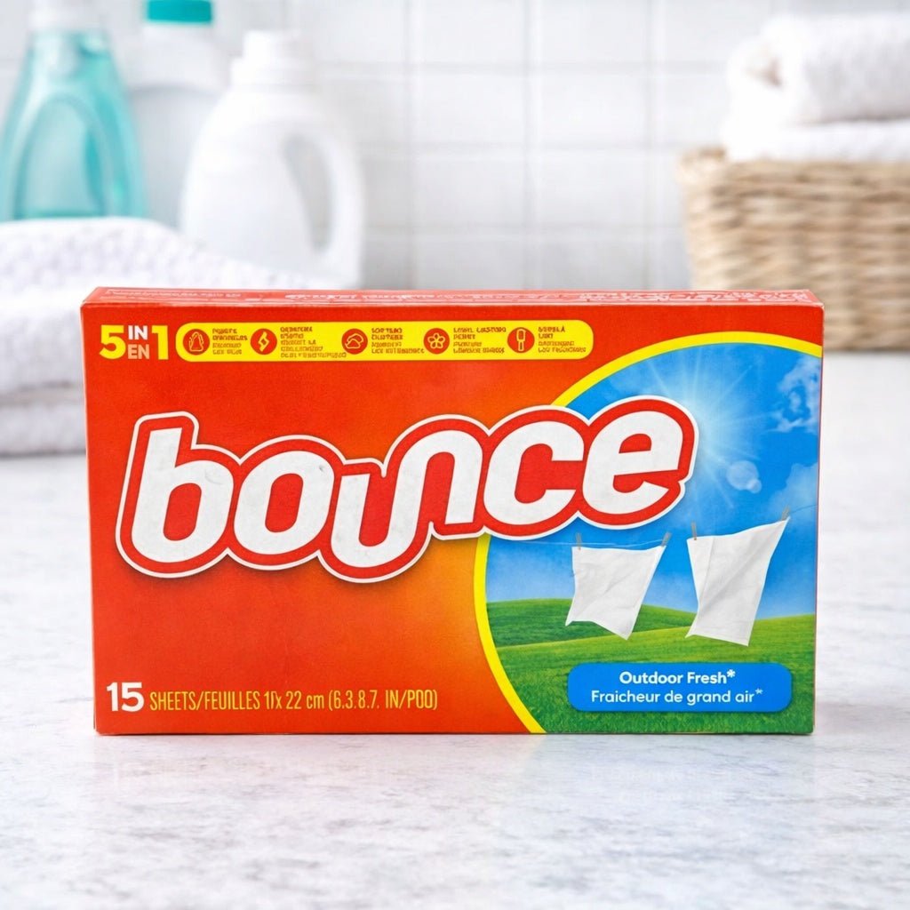 Box of Bounce dryer sheets with a laundry background