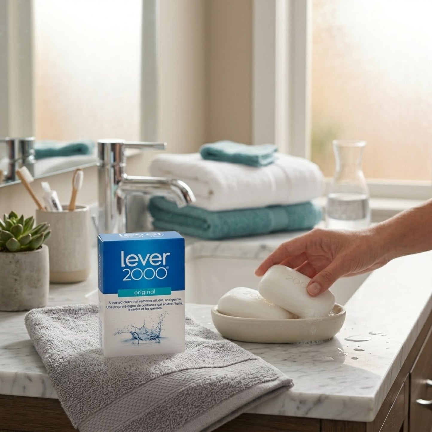 3.75 oz Lever 2000 Original Bar Soap Deep Clean Refreshing Scent Bath Soap lifestyle use image