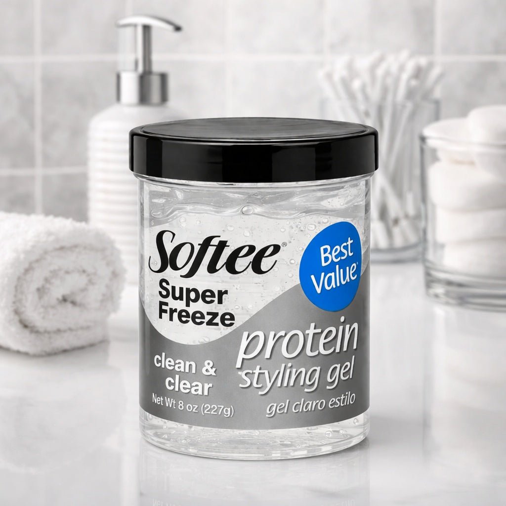 Softee Super Freeze protein styling gel jar on a bathroom counter