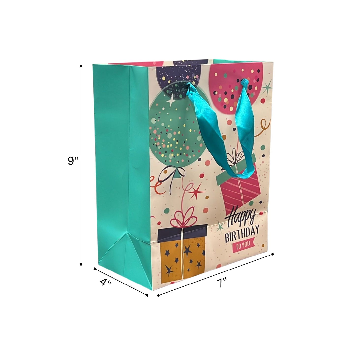 Gift bag with 'Happy Birthday' text and colorful design, featuring a blue ribbon, on a white background.