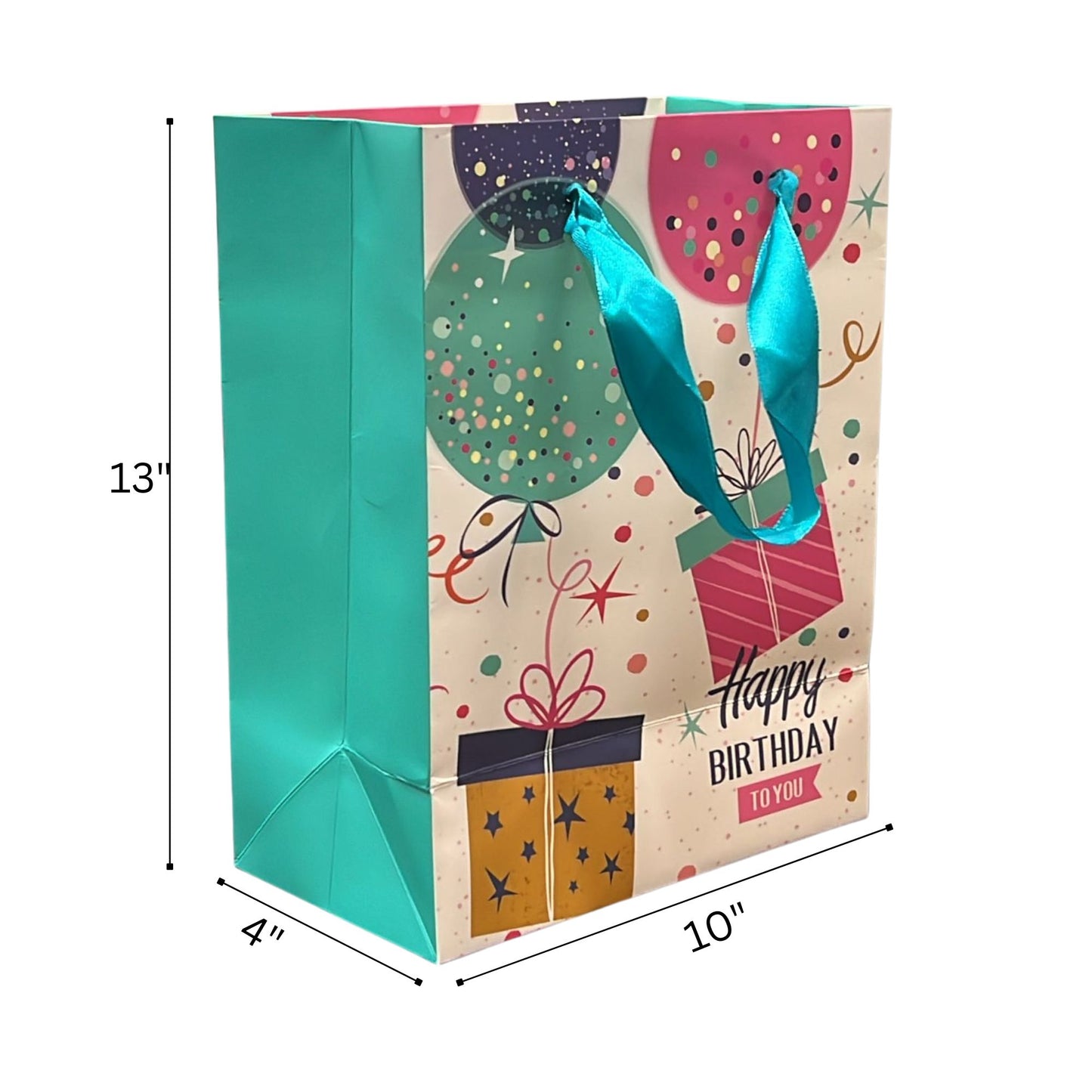 Gift bag with 'Happy Birthday' text and colorful design, dimensions indicated.