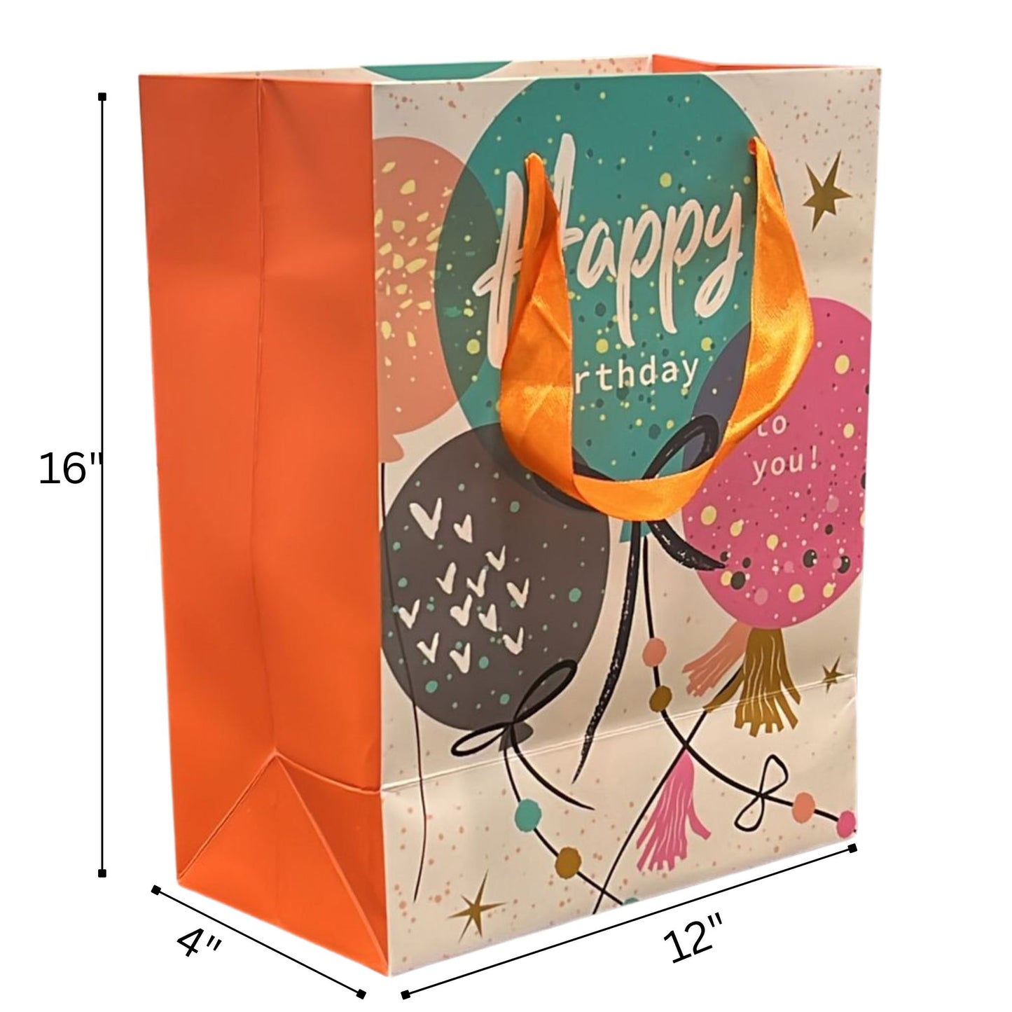 Gift bag with colorful design and 'Happy Birthday' text, dimensions indicated.