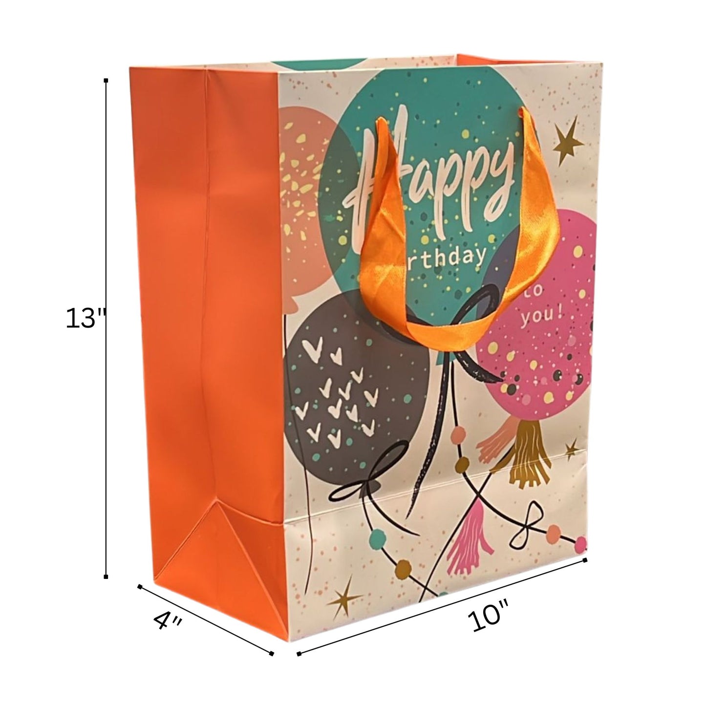 Gift bag with 'Happy Birthday' design and dimensions labeled