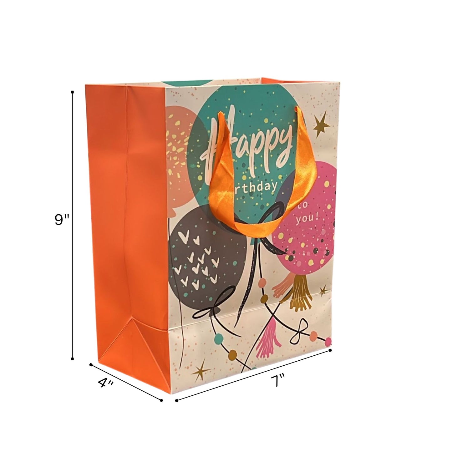 Gift bag with colorful design and 'Happy Birthday' text, dimensions indicated.