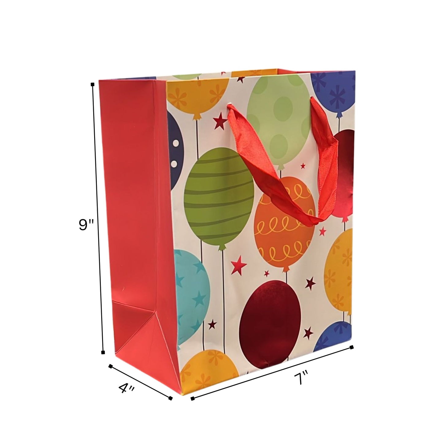 Colorful gift bag with balloon design and dimensions on a white background