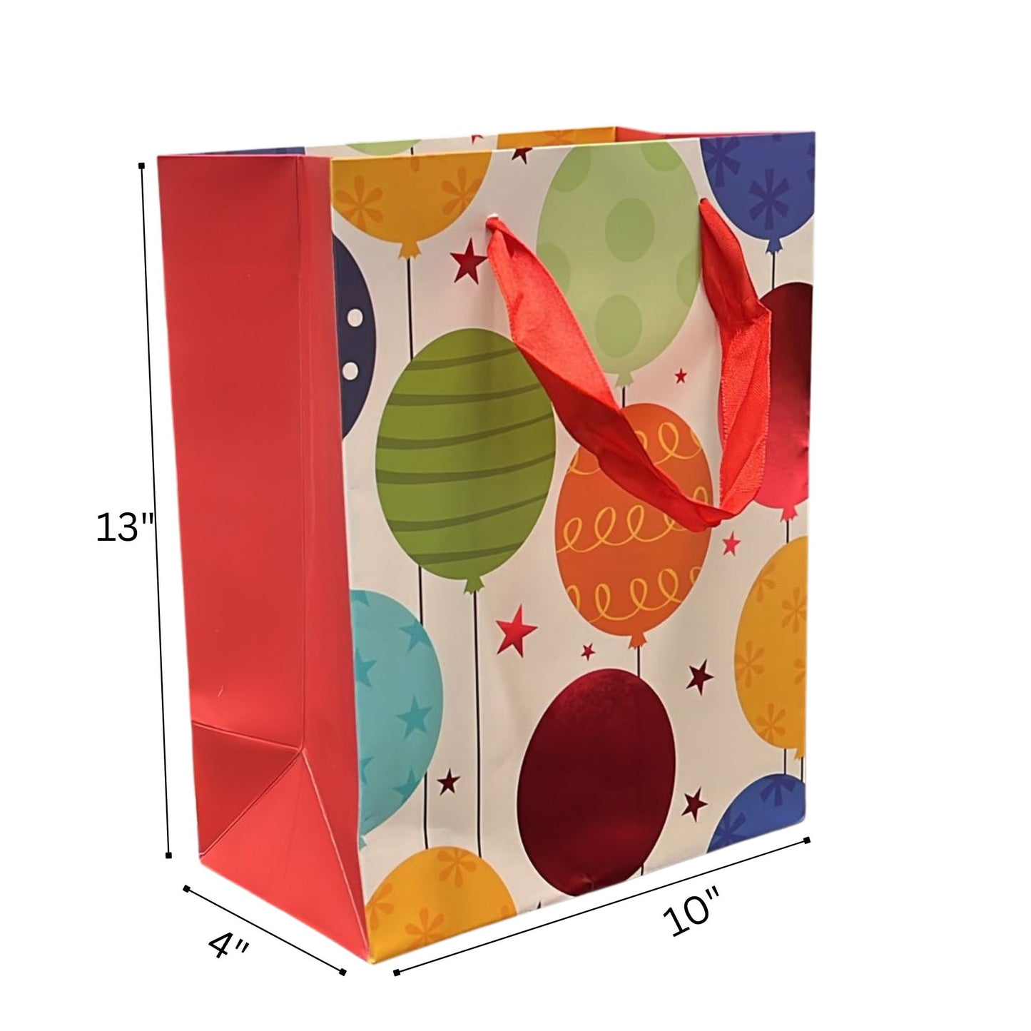 Colorful gift bag with balloon design and dimensions on a white background
