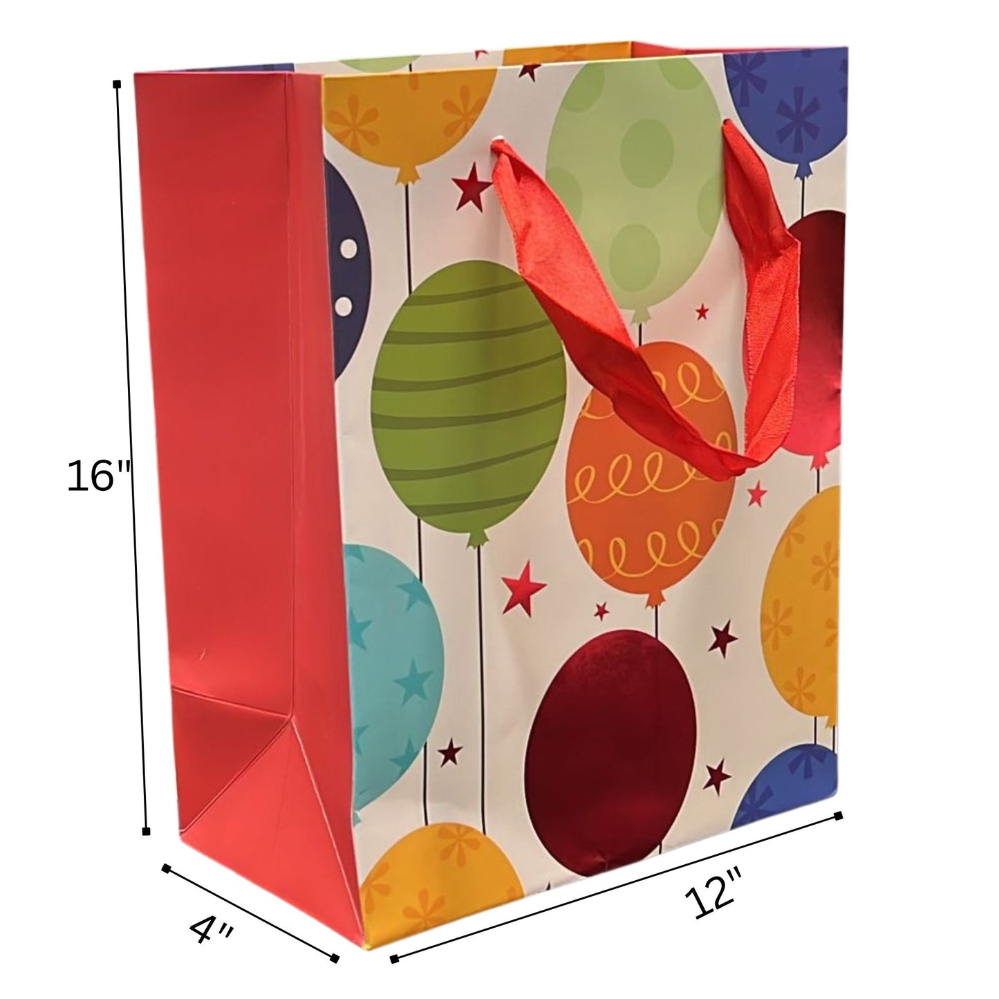 Colorful gift bag with balloon design and dimensions indicated