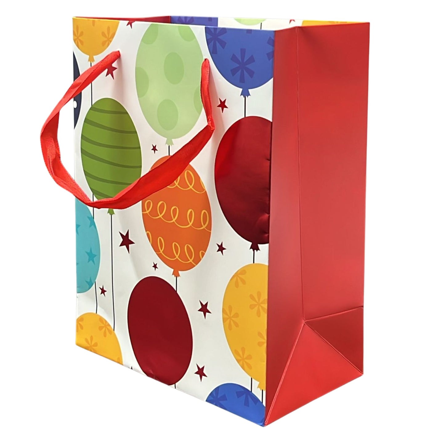 Colorful gift bag with balloon design on a white background