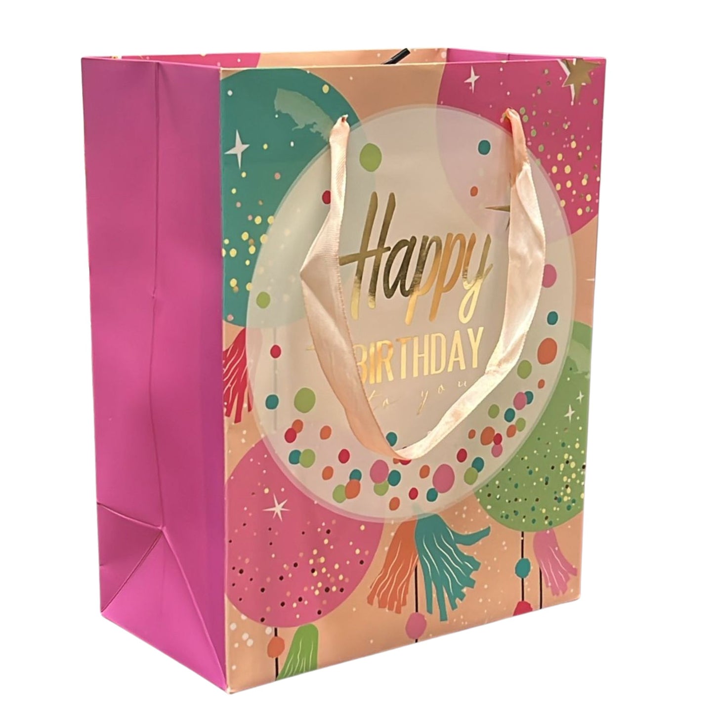 Colorful gift bag with 'Happy Birthday' text on a white background