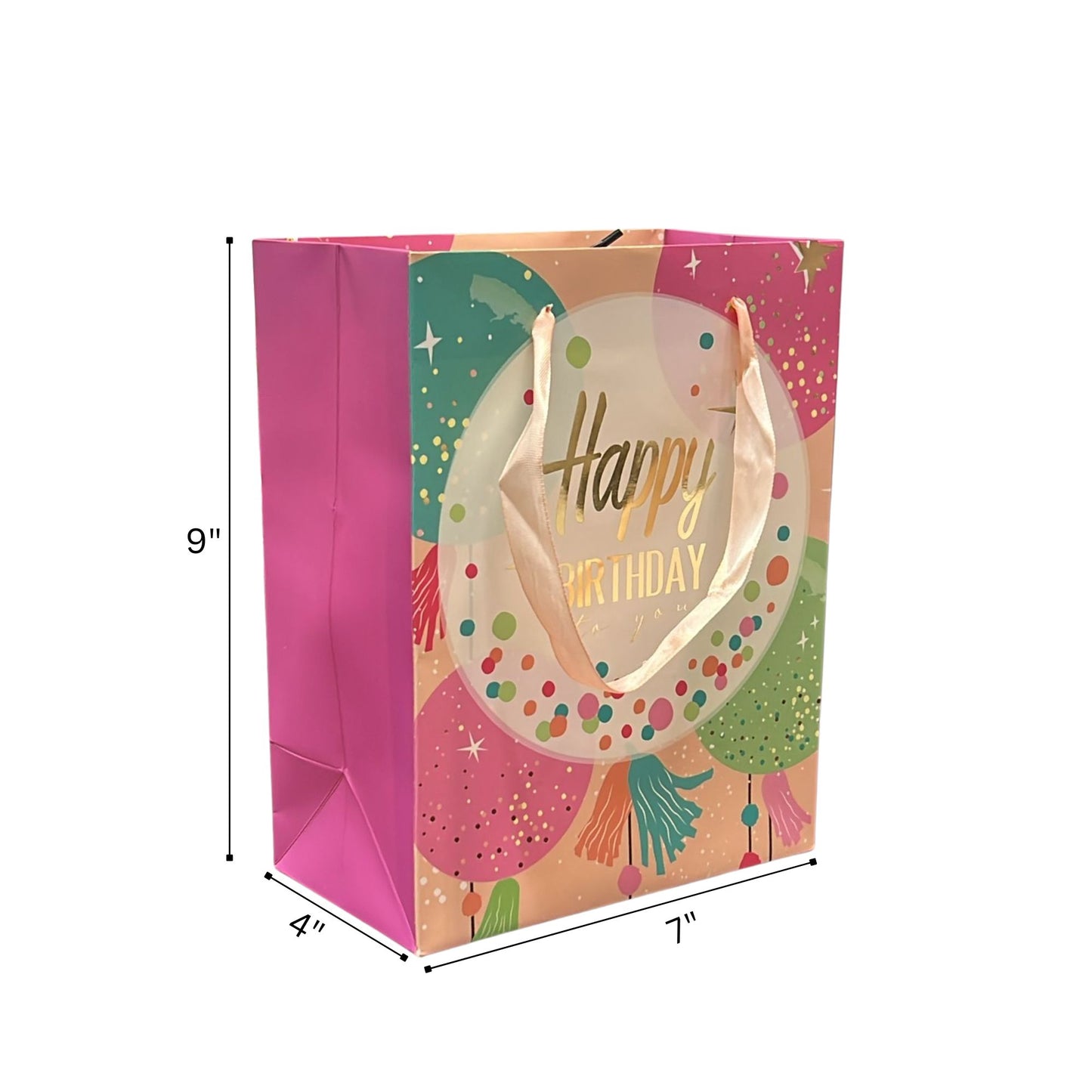 Gift bag with 'Happy Birthday' text and colorful design, dimensions indicated.