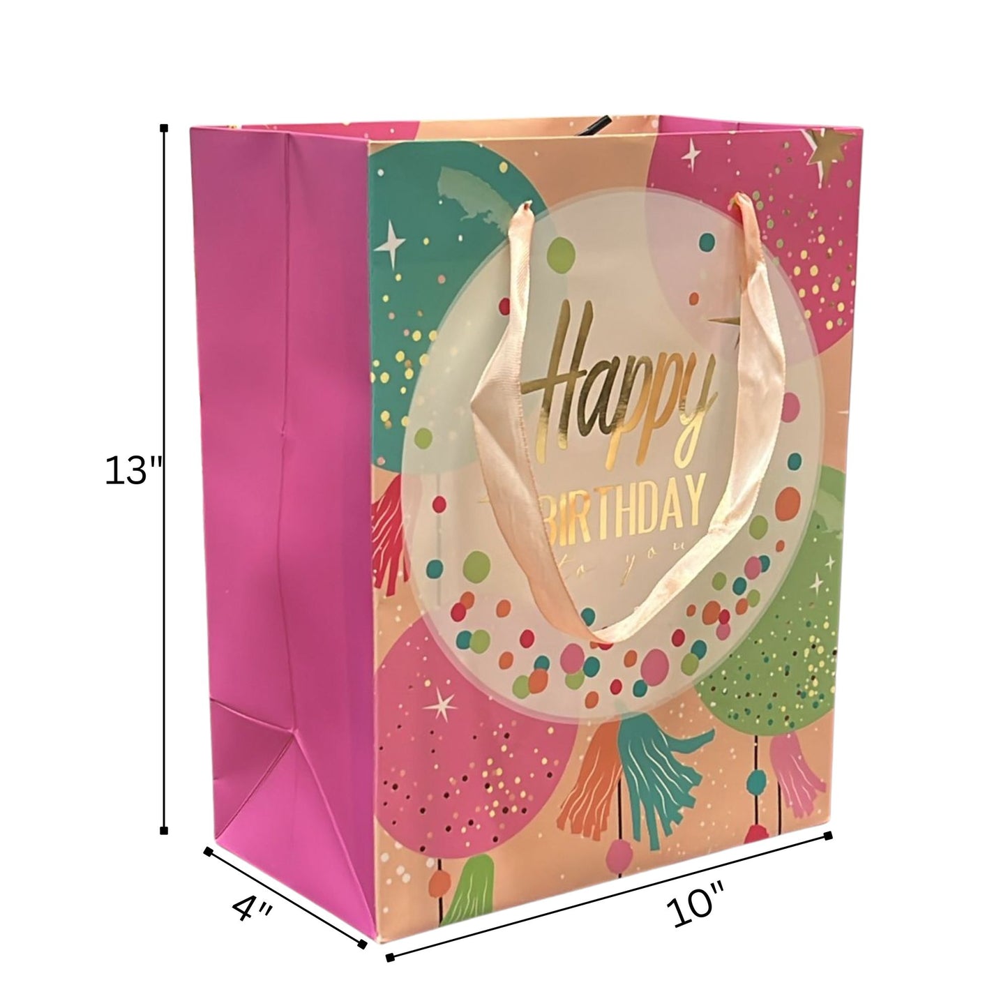 Gift bag with 'Happy Birthday' text and colorful design, shown with dimensions.