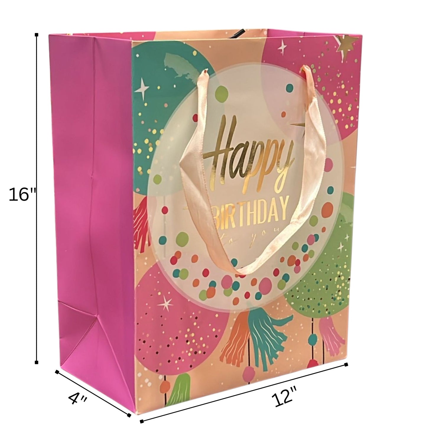 Gift bag with 'Happy Birthday' text and colorful design, shown with dimensions.