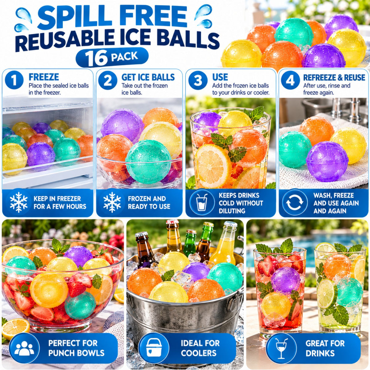 A promotional collage for a 16-pack of spill-free reusable ice balls. The top header reads 'SPILL FREE REUSABLE ICE BALLS 16 PACK' with blue text and icons.