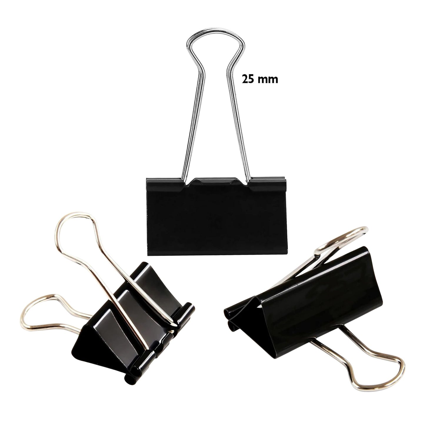 Three black binder clips with metallic clips on a white background, labeled '25 mm'.