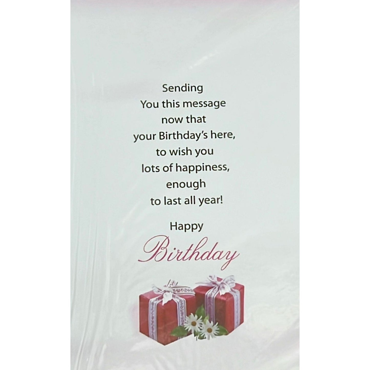 Birthday card with text and gift illustrations on a light gray background