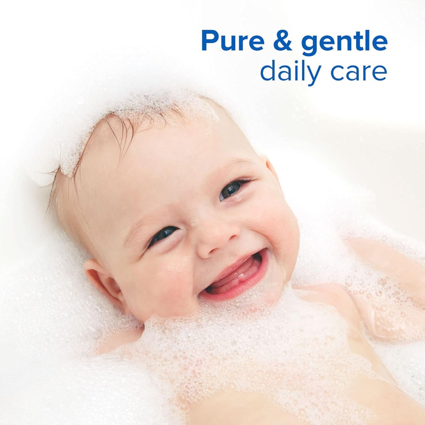 Baby in a bubble bath with 'Pure & gentle daily care' text