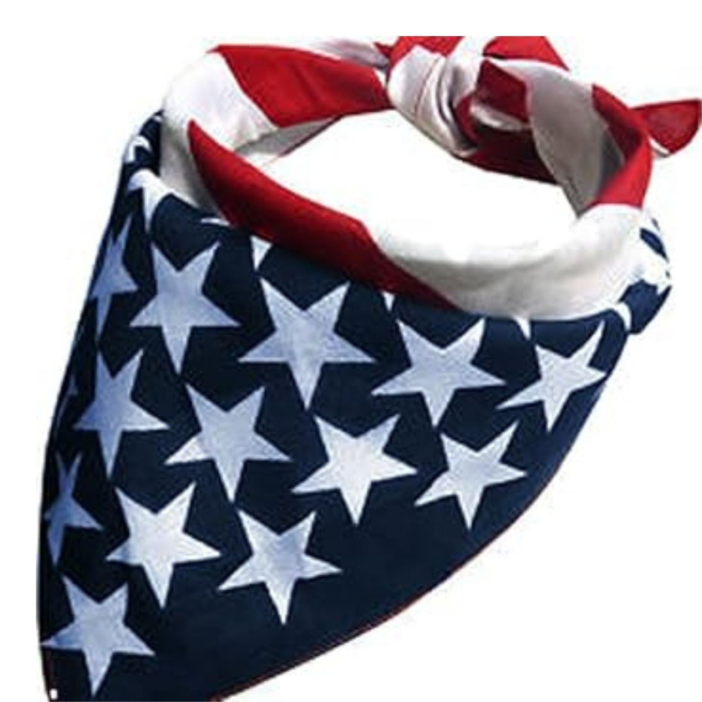 American flag patterned bandana with stars and stripes on a white background
