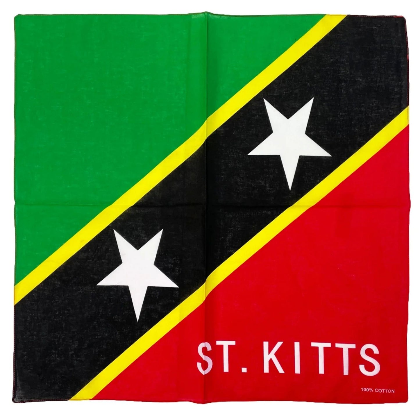 Folding towel with St. Kitts flag design on a green, black, yellow, and red background.