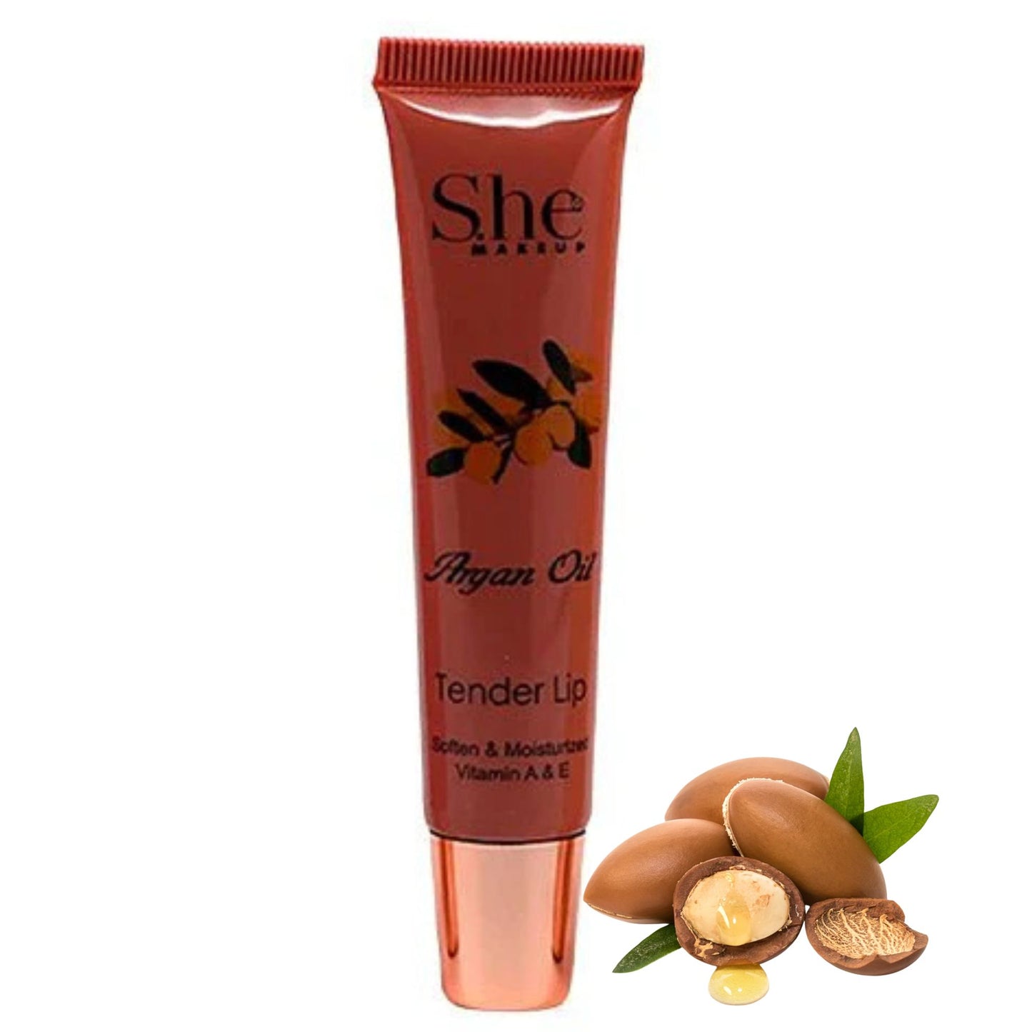 She Makeup Argan Oil Tender Lip balm with argan nuts and leaves on a white background