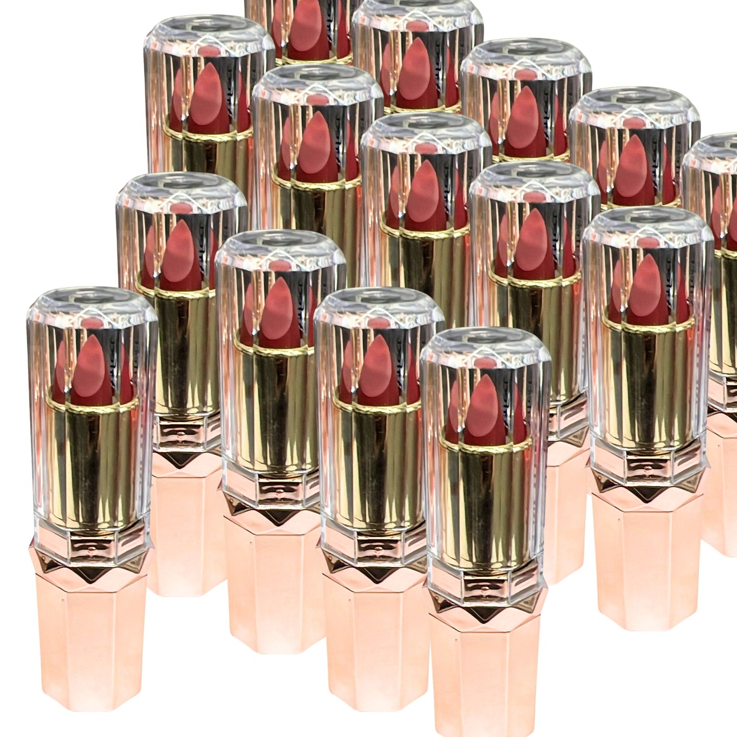 Multiple lipsticks with rose gold and clear casings on a white background