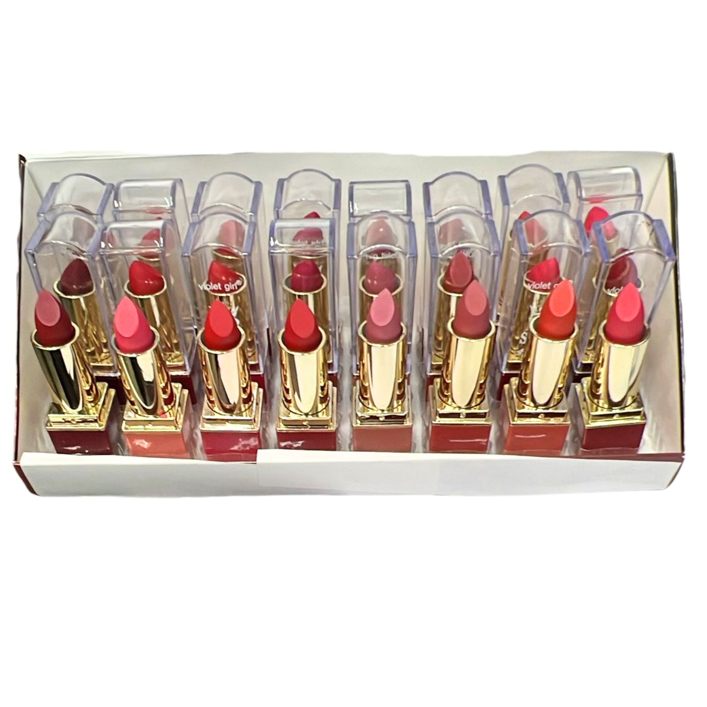 Set of lipsticks in clear cases with gold bases in a box