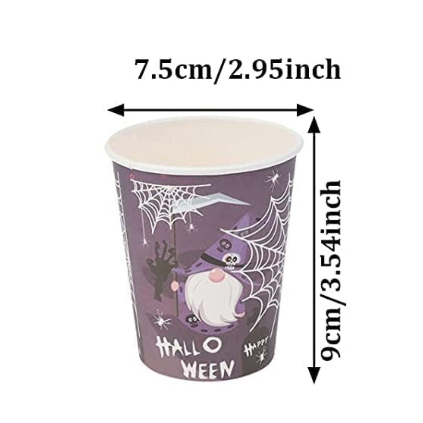 Halloween-themed paper cup with dimensions displayed
