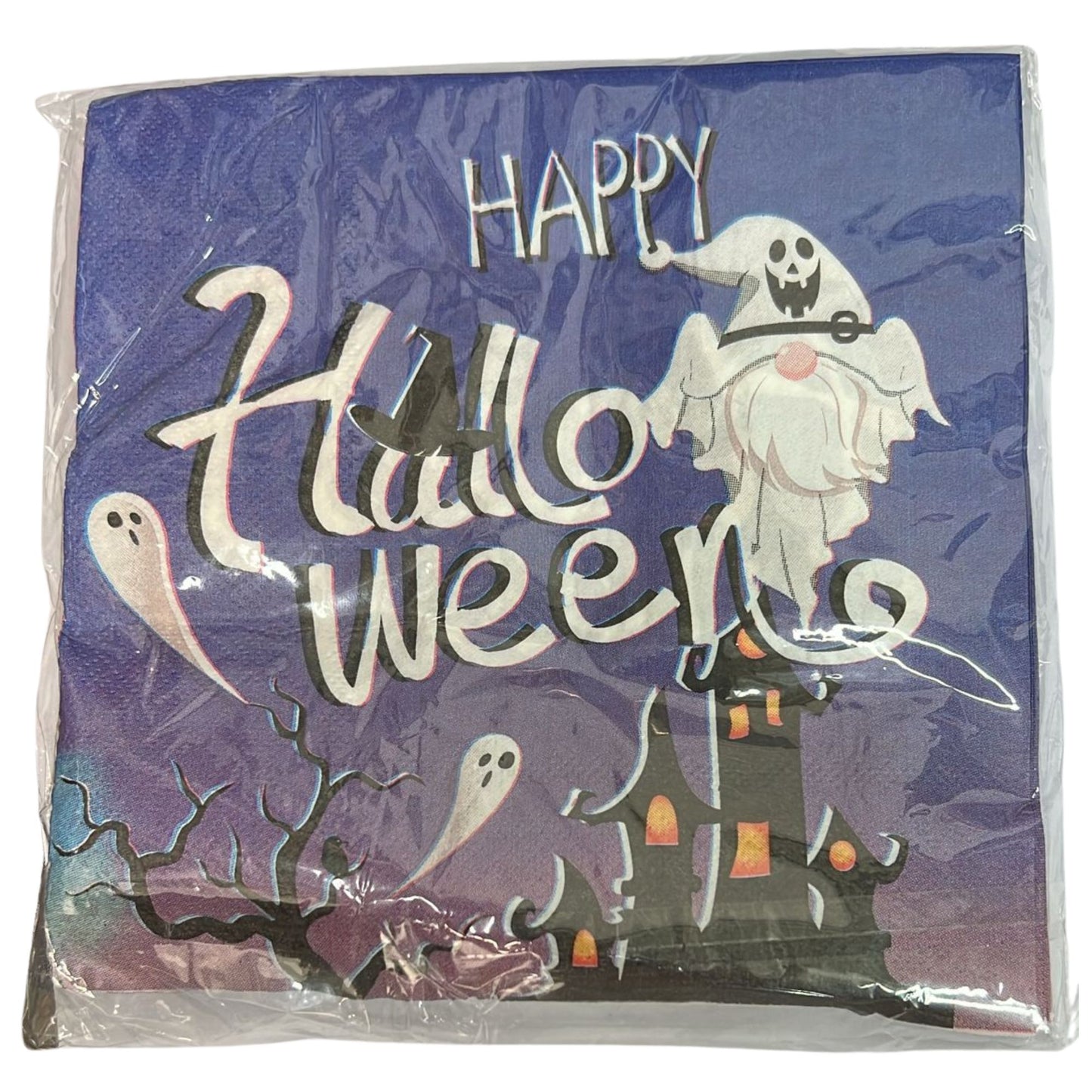 Halloween-themed product packaging with ghost and castle design on a purple background.