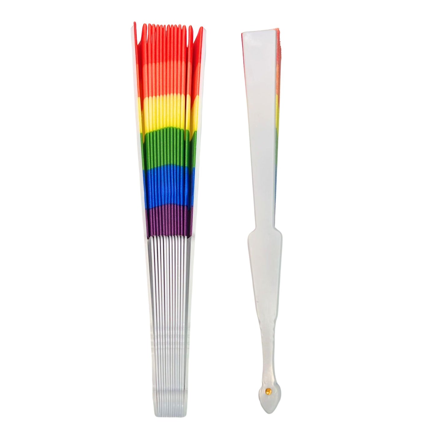 Rainbow-colored fan with a white handle on a white background