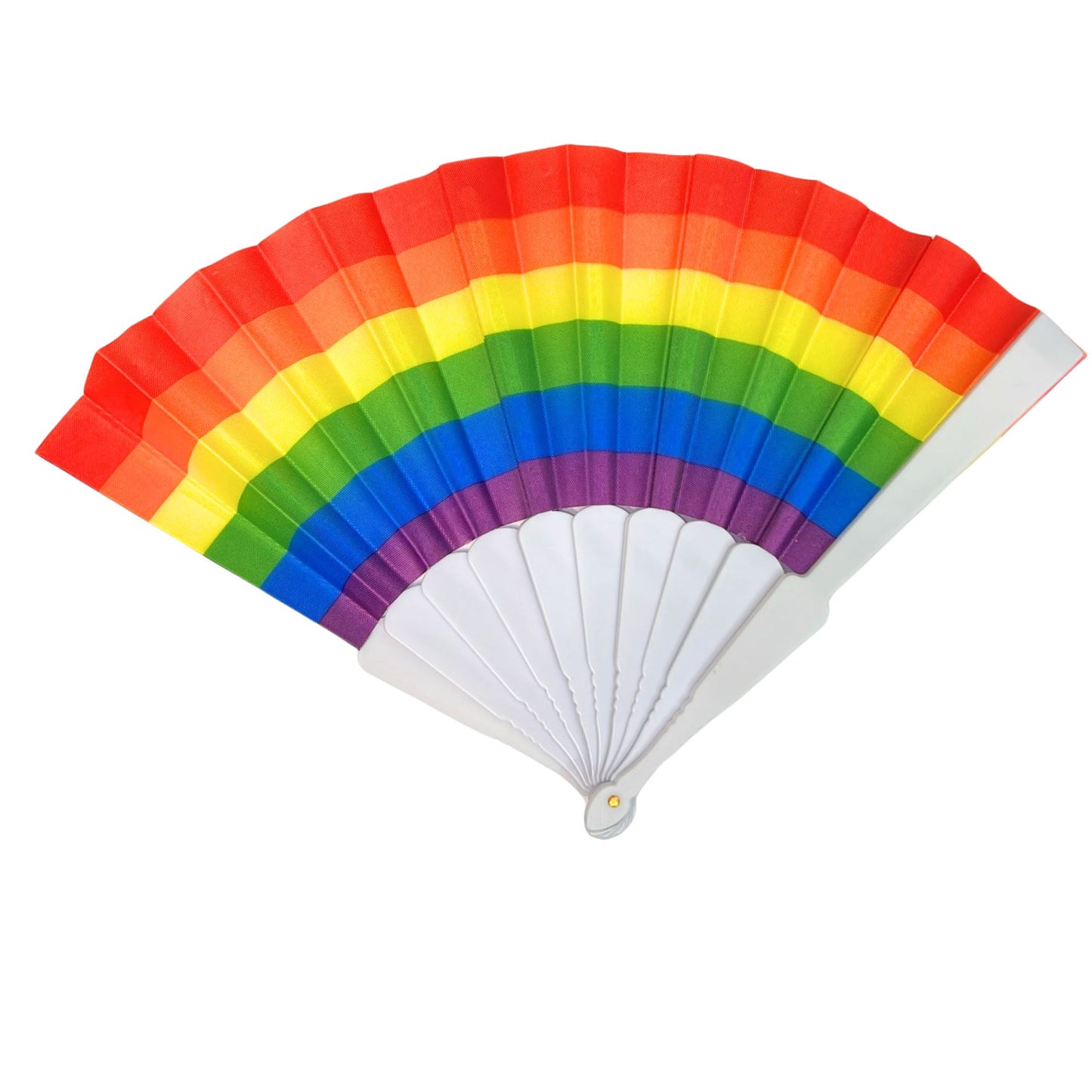 Rainbow-colored hand fan on a white background