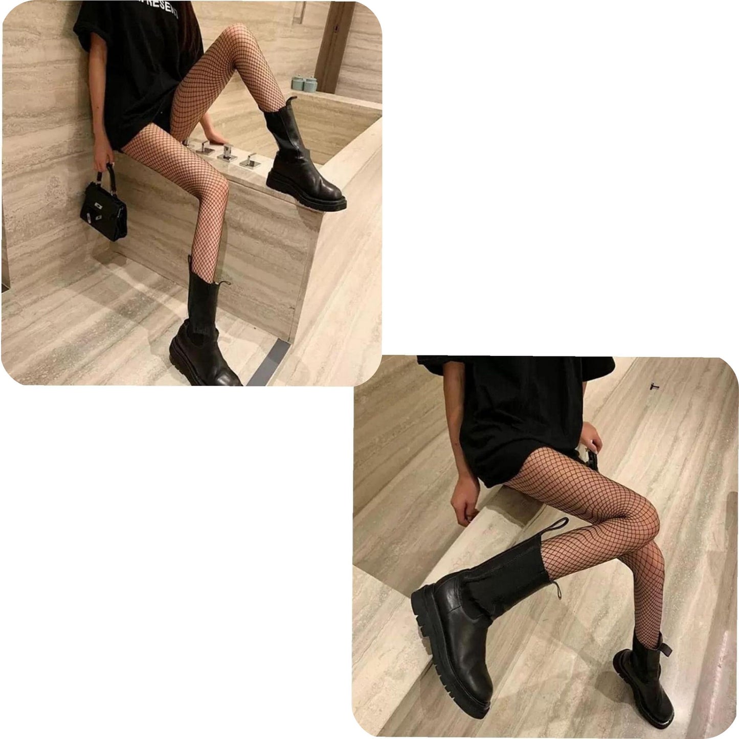 Person wearing black fishnet stockings and black boots in a bathroom setting.