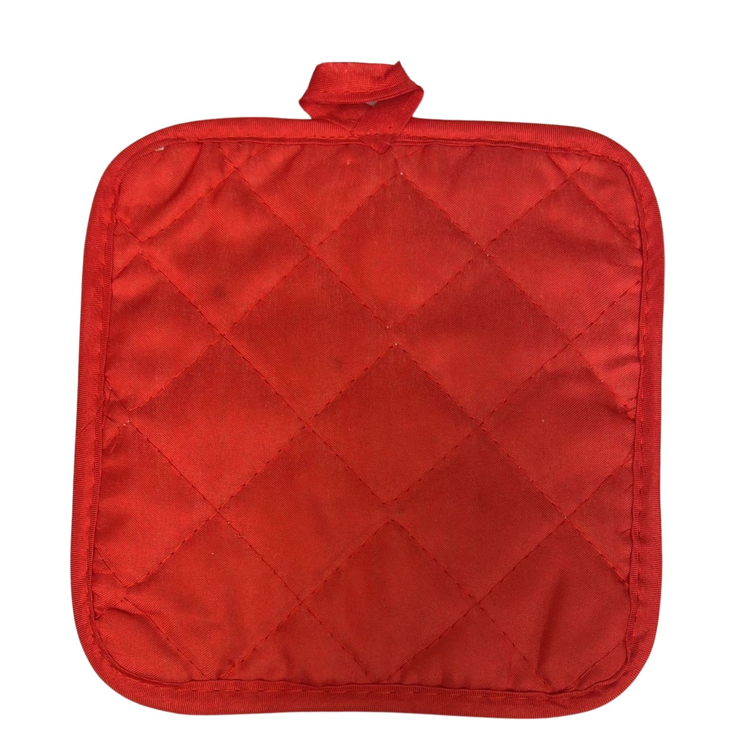 Red quilted pot holder on a white background