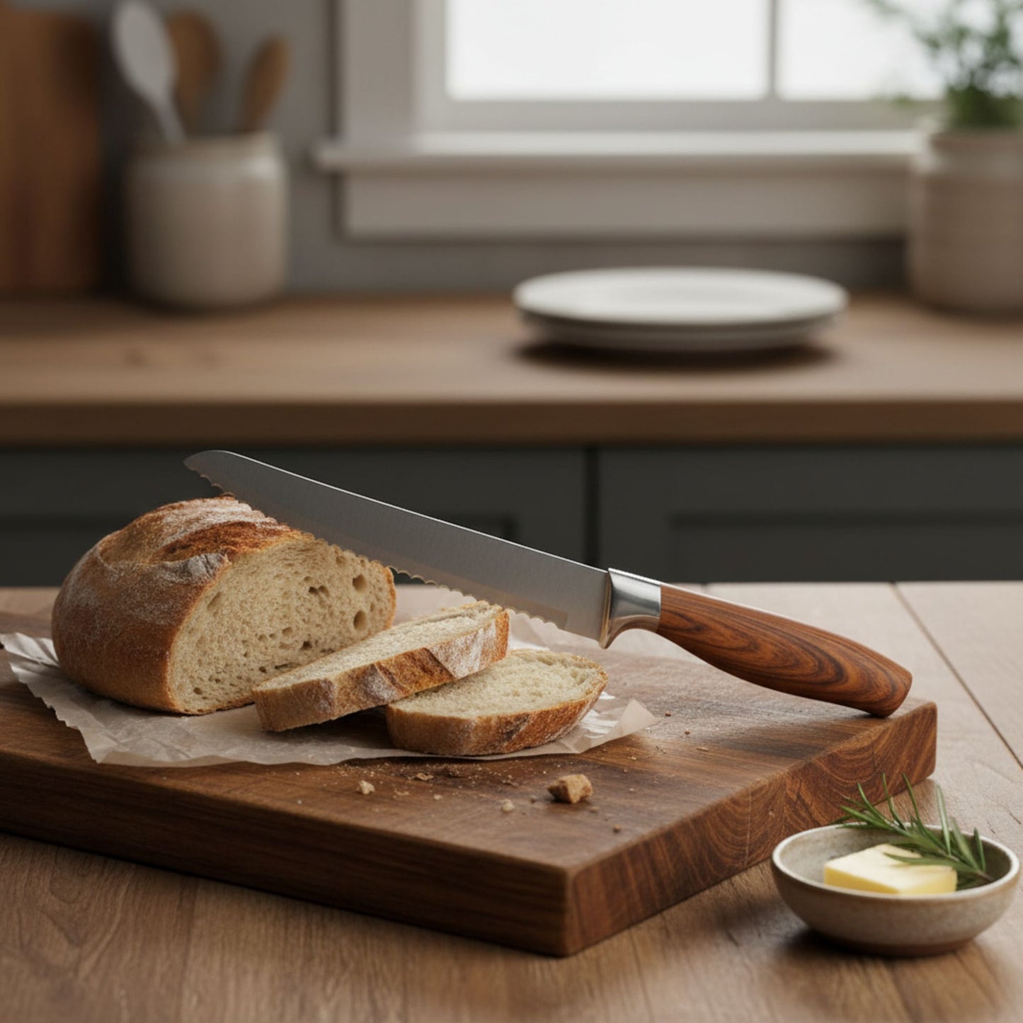 8" Serrated Light Woodgrain Ideal Kitchen Wood Handle Bread Knife Bread Knives Cutting Knife lifestyle use image