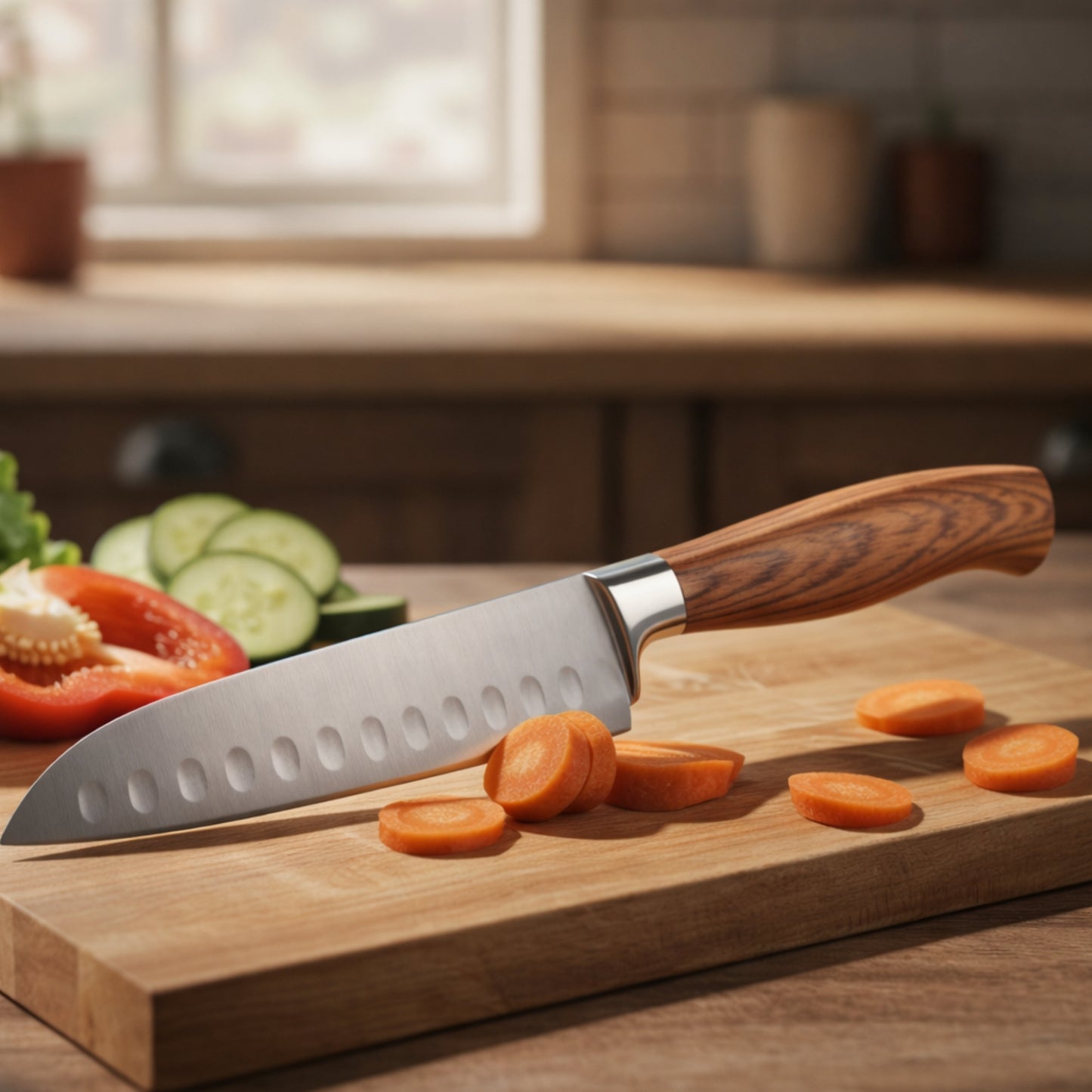7" Light Woodgrain Ideal Kitchen Wood Handle Santoku Knife Santoku Knives Cutting Knife lifestyle use image