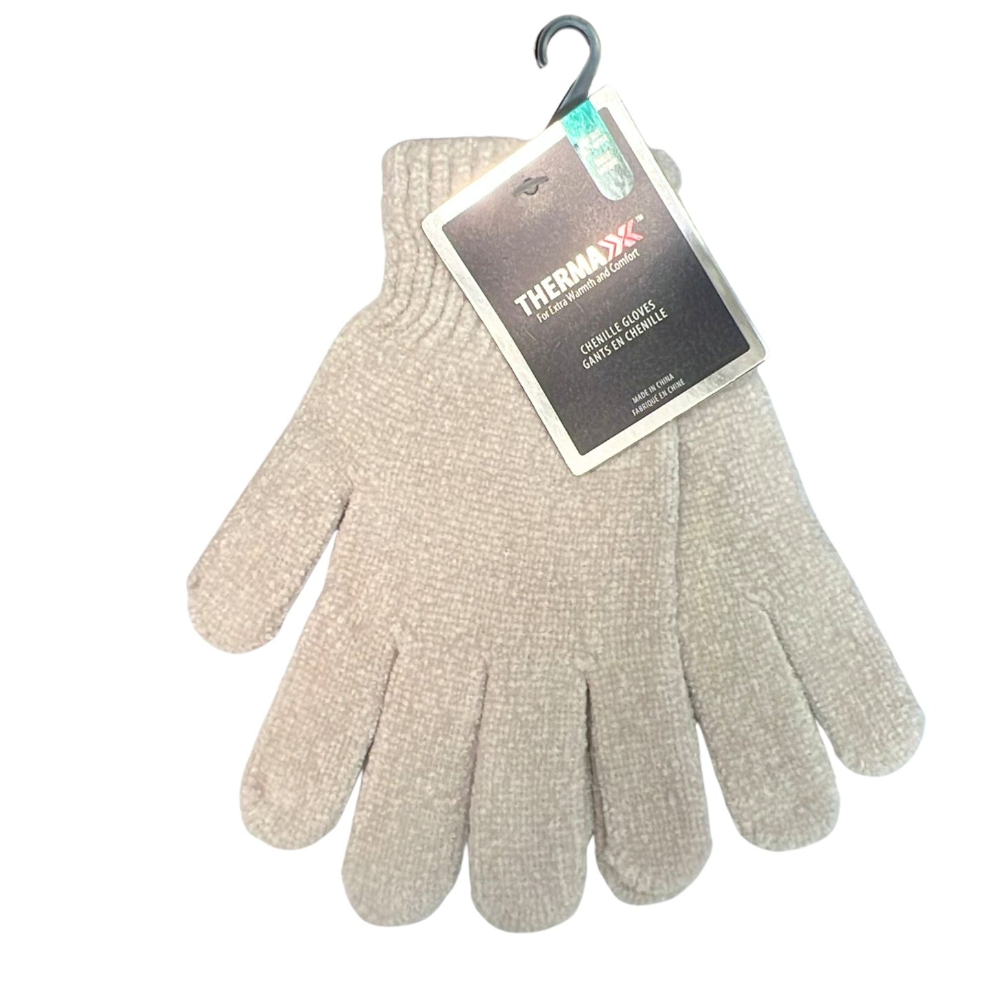 Pair of beige gloves with a Therma-X tag on a white background