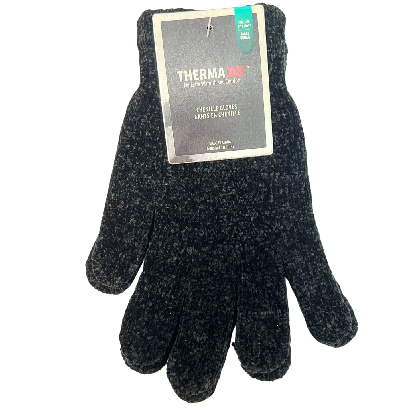 Pair of black Chenille Gloves with Therma Base packaging on a white background