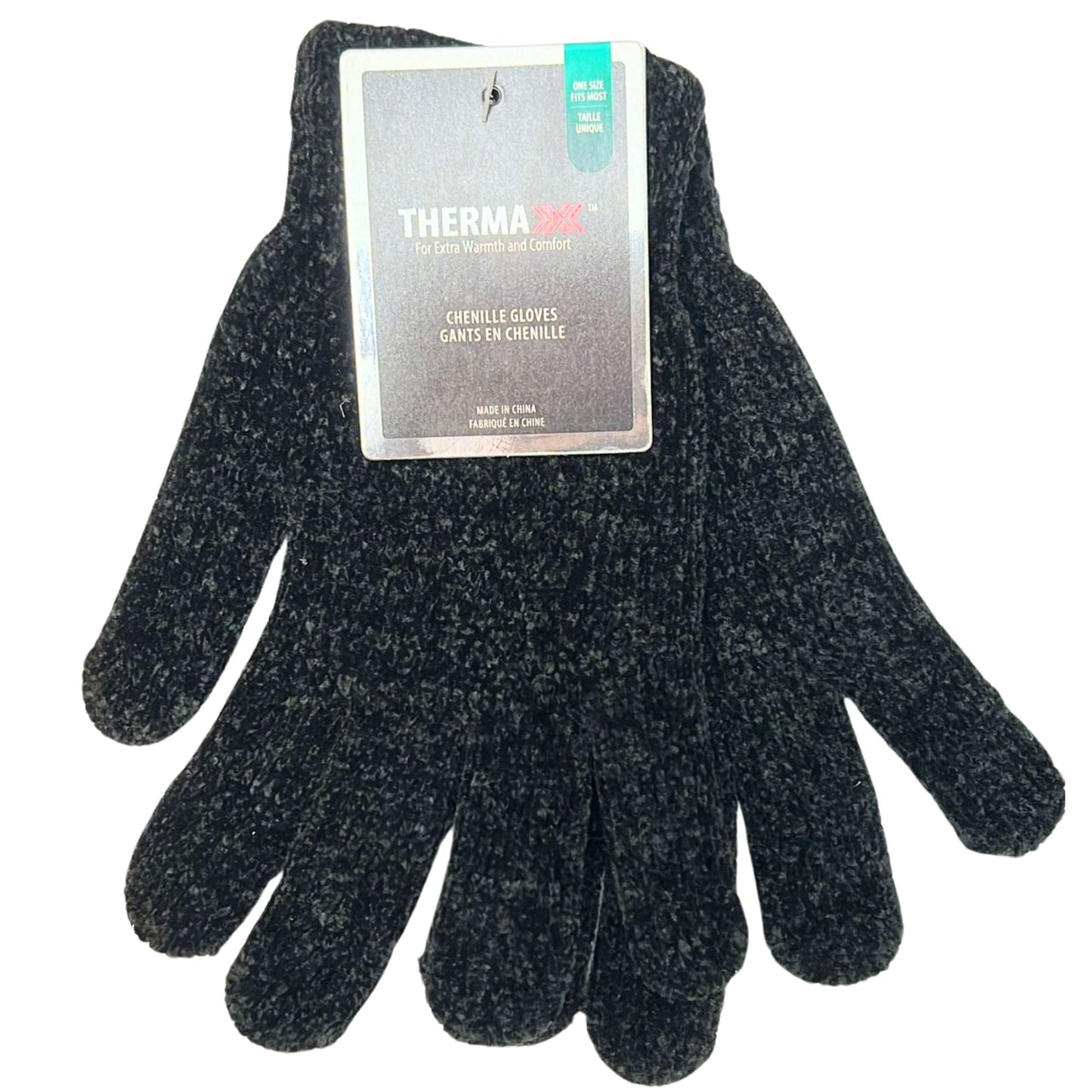 Pair of black chenille gloves with a Therma label on a white background