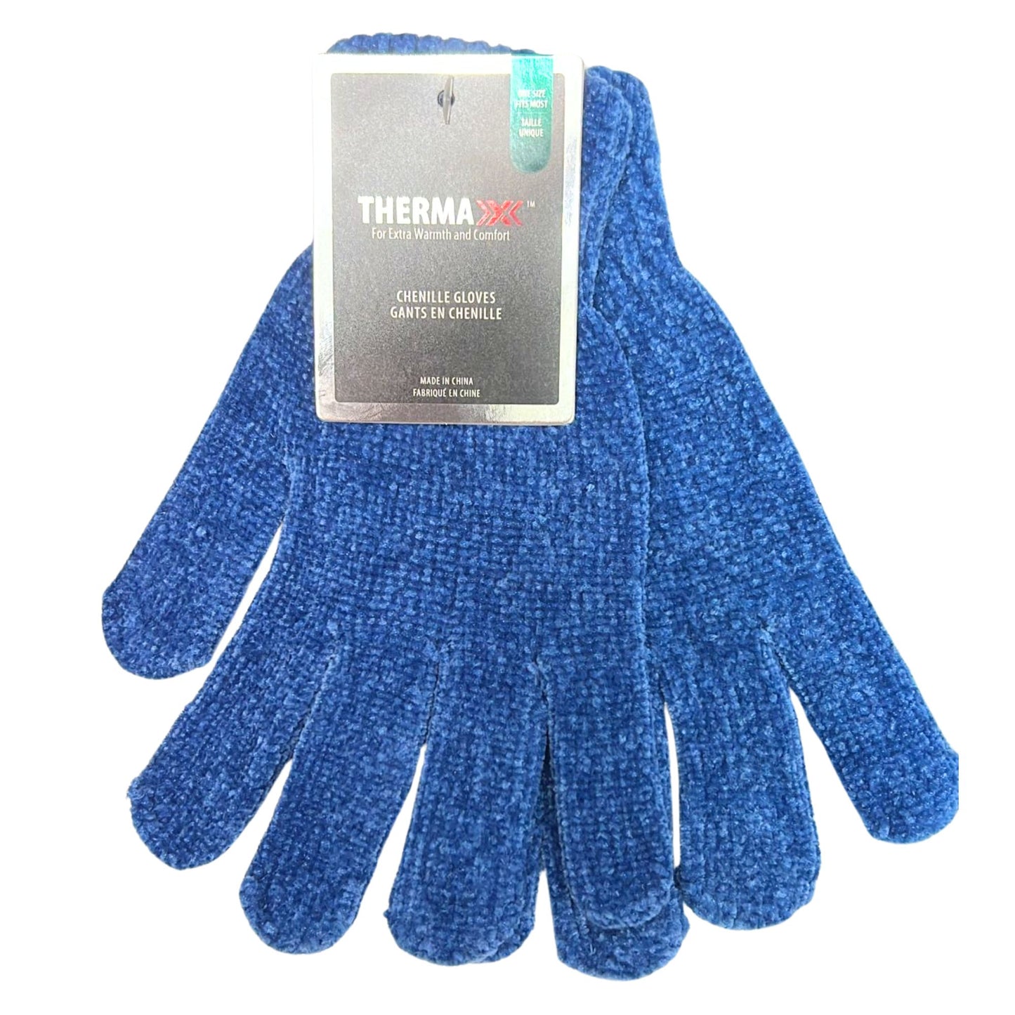 Blue chenille gloves with Therma-X label on a white background