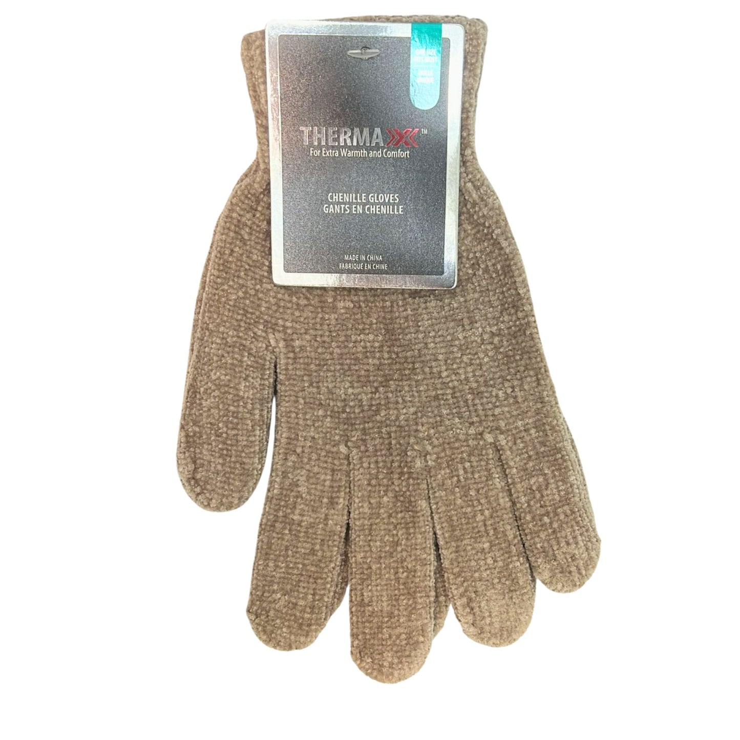Brown chenille gloves with Therma-XX label on a white background