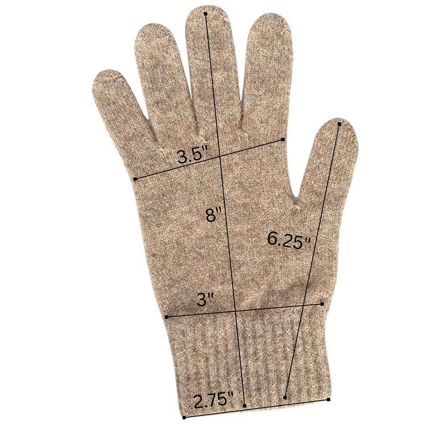 Beige glove with measurements on a white background