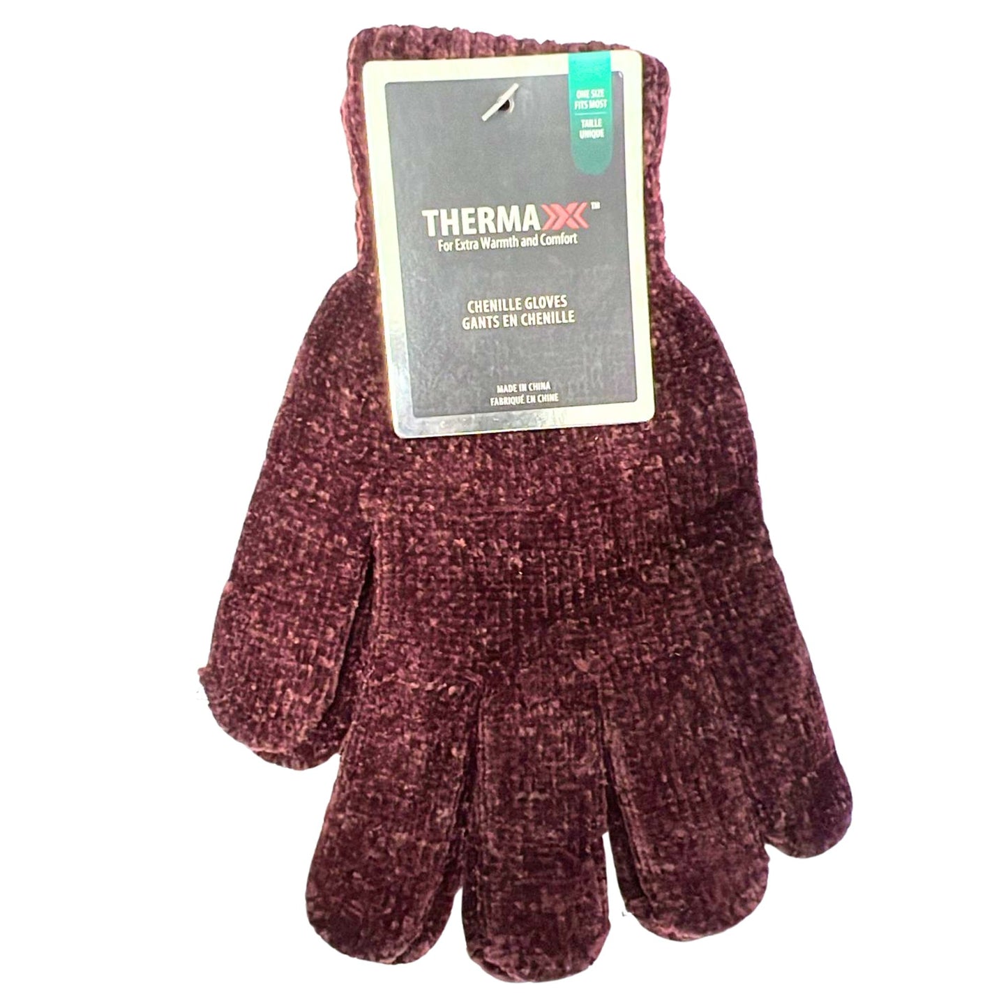Pair of maroon gloves with Therma-X label on a white background
