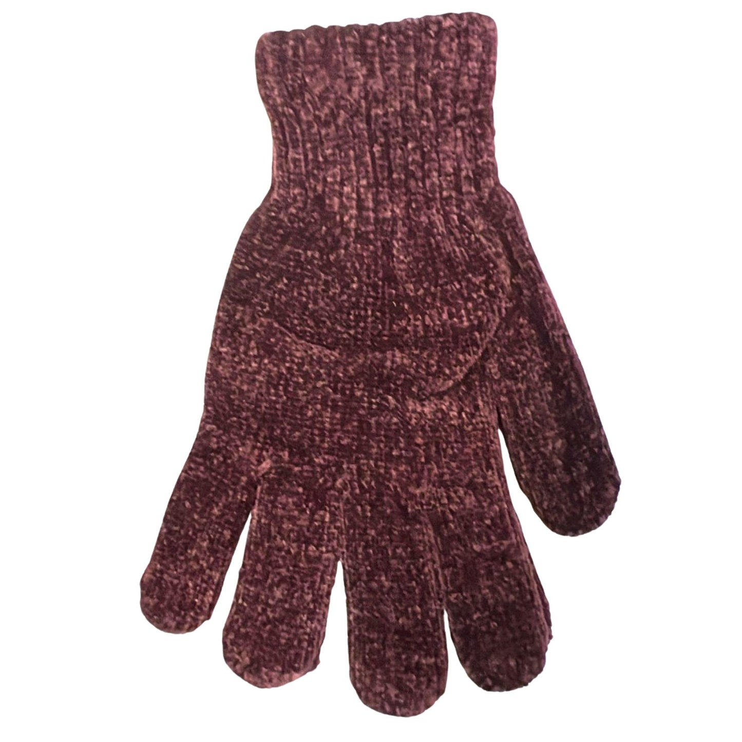 Knitted maroon glove on a white background